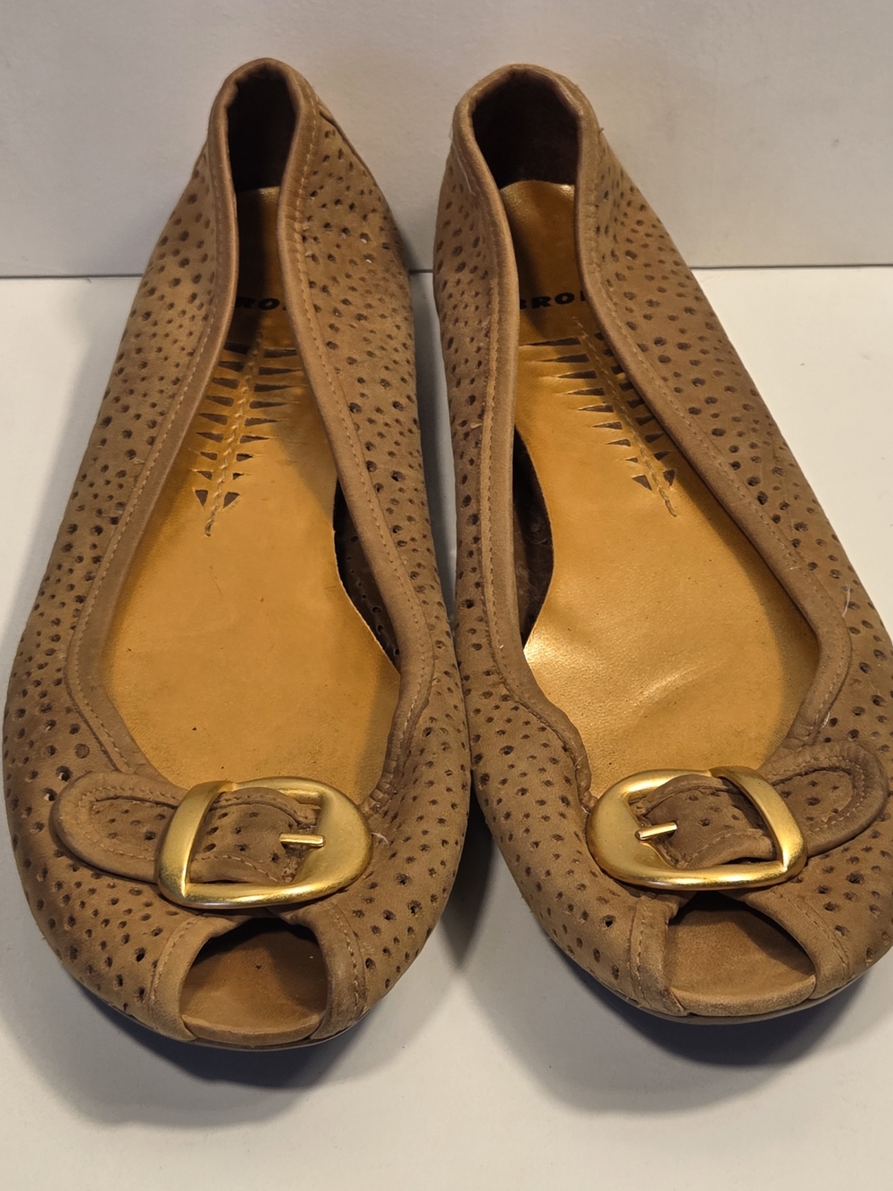 Bronx Tan Suede Peep-Toe Flats with Gold Buckle